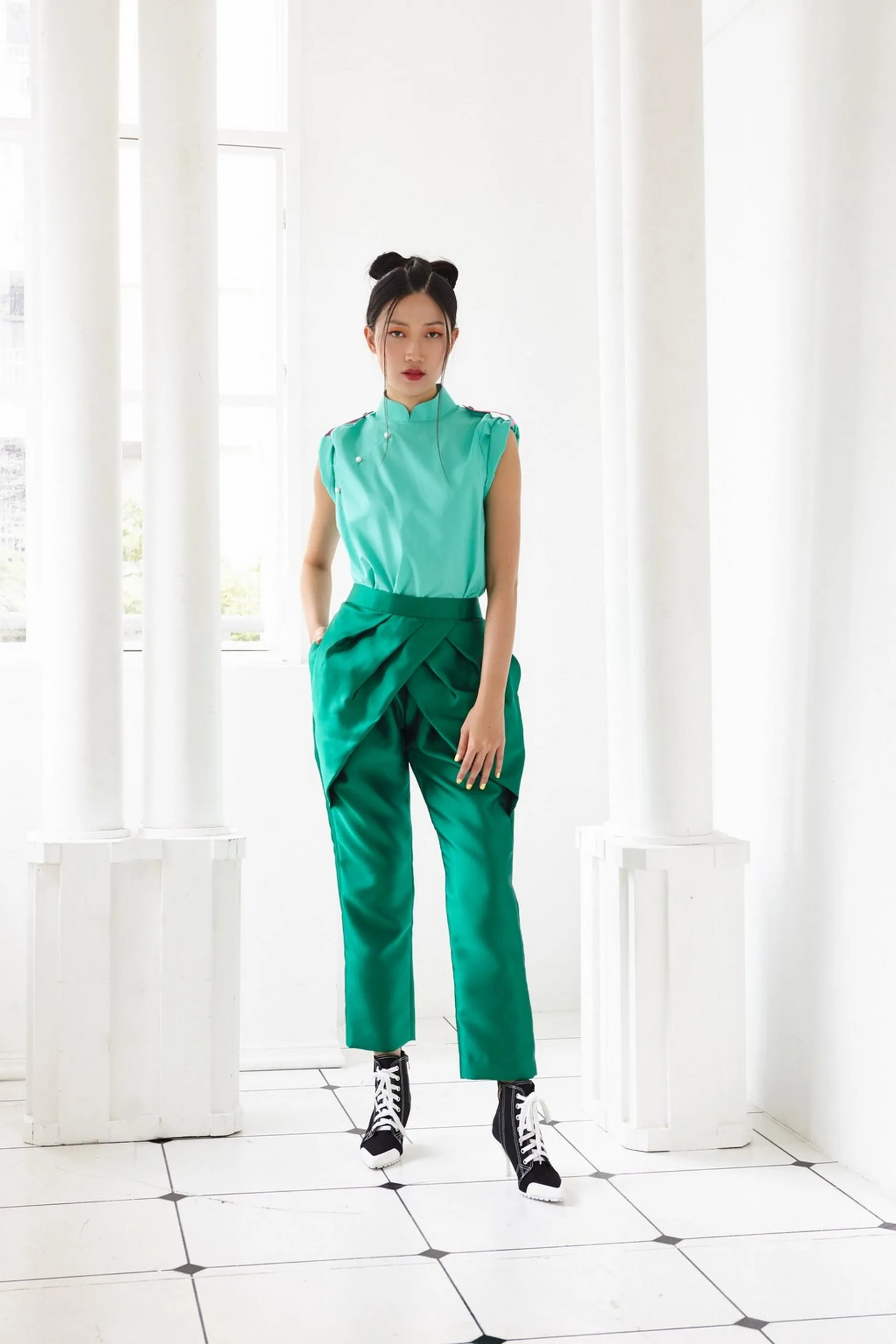 Pre-Order GREEN TAFFETA - PLEATED PETAL TROUSERS - GREEN