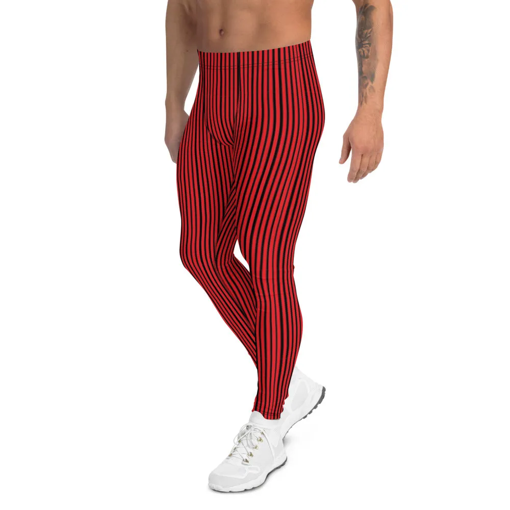 Red Vertically Striped Men's Leggings, Modern Best Stripes Meggings For Men-Made in USA/EU/MX