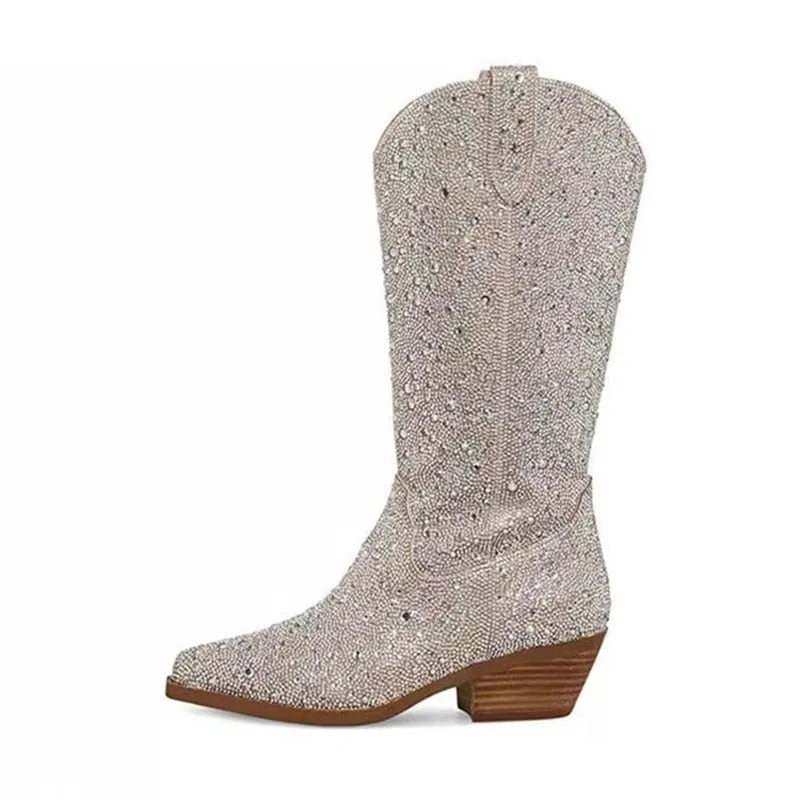 Rhinestone Studded Pointed Toe Slip-on Long Boots