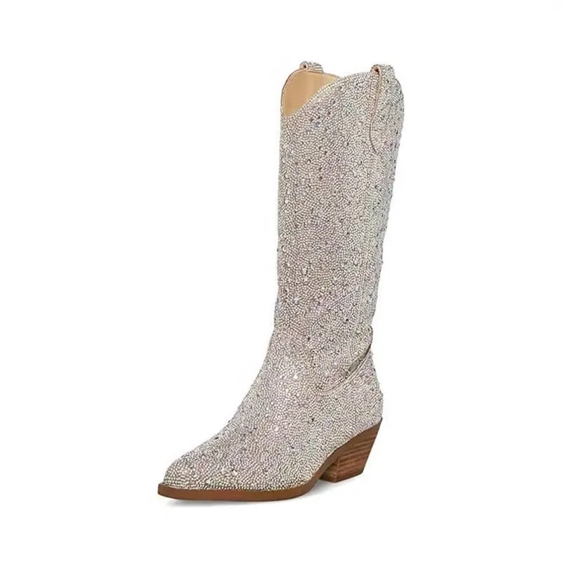 Rhinestone Studded Pointed Toe Slip-on Long Boots