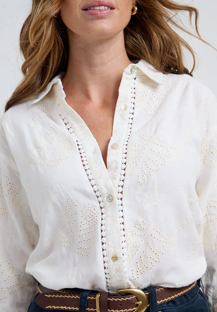 Sara Lace Insert Embroidered Shirt In White