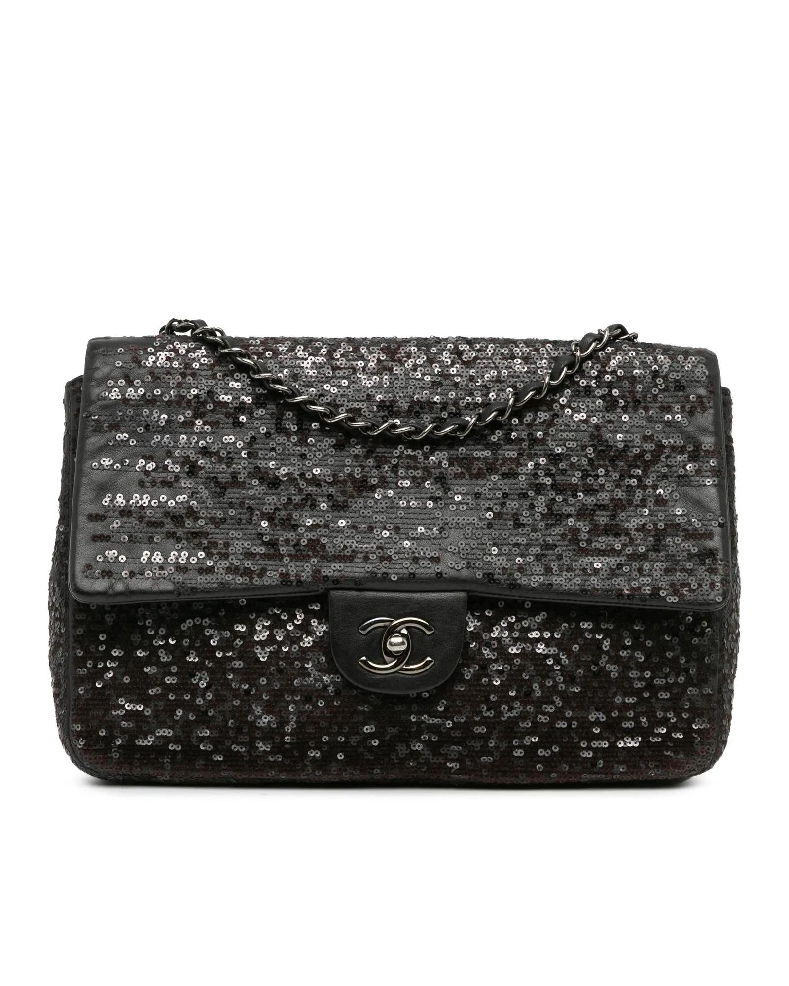 Sequined Lambskin Flap Shoulder Bag with Chain Straps