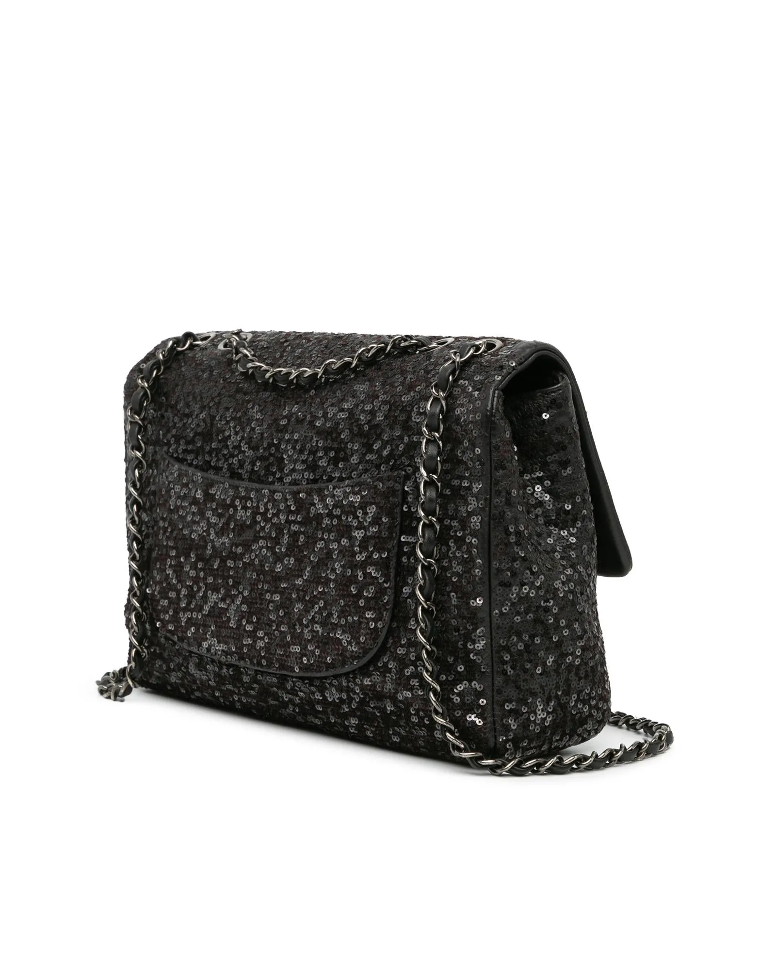 Sequined Lambskin Flap Shoulder Bag with Chain Straps