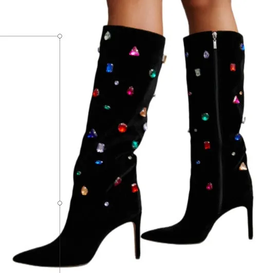 Sequined Rhinestones Knee-High Stiletto Boots