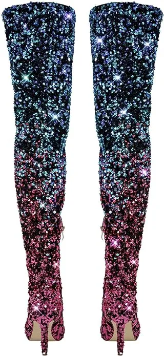 Sexy Blue & Purple Ombre Sparkly Sequin Thigh Boots