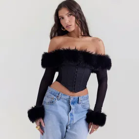 Sexy Off Shoulder Long Sleeve Hook & Eye Faux Fur Corset Crop Top