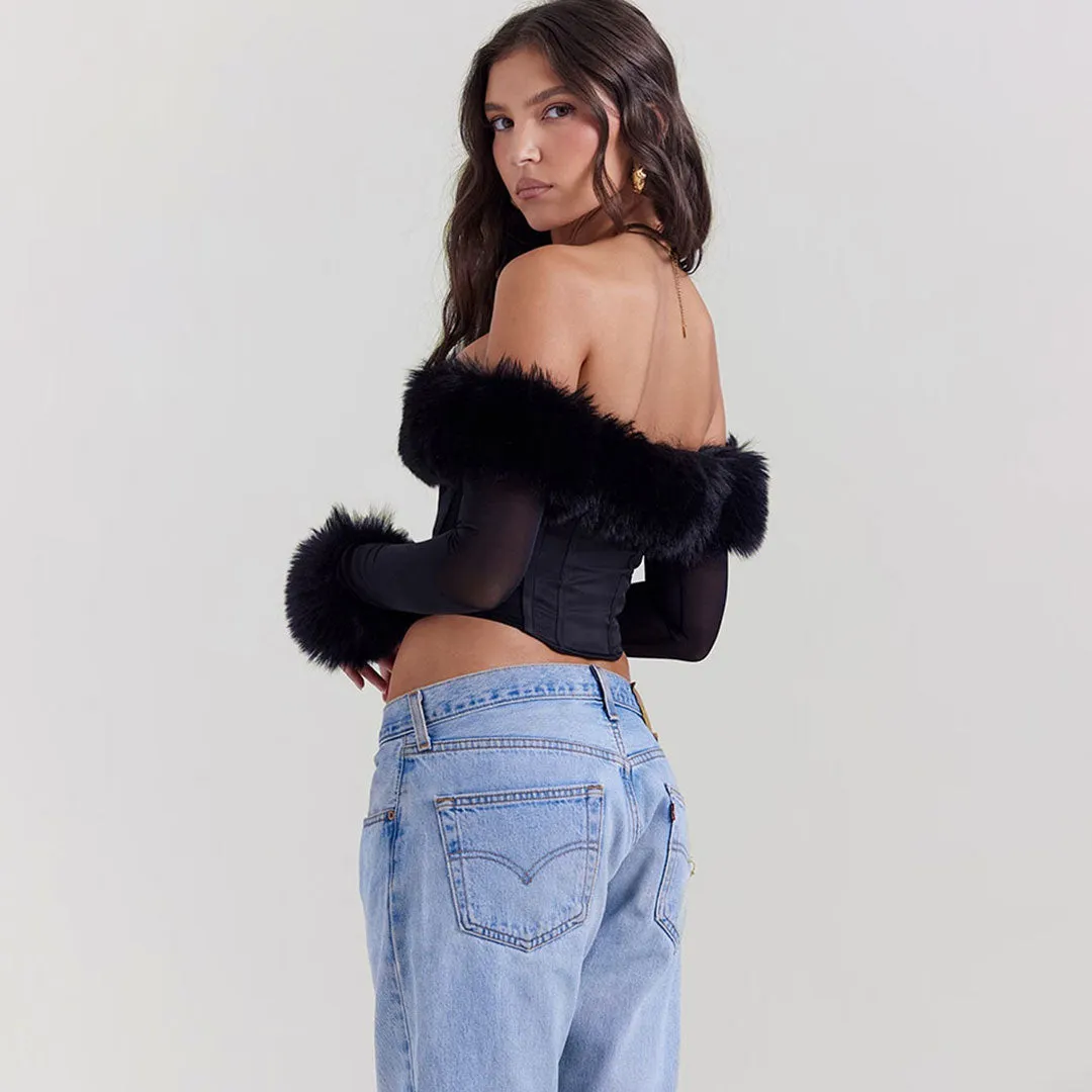 Sexy Off Shoulder Long Sleeve Hook & Eye Faux Fur Corset Crop Top