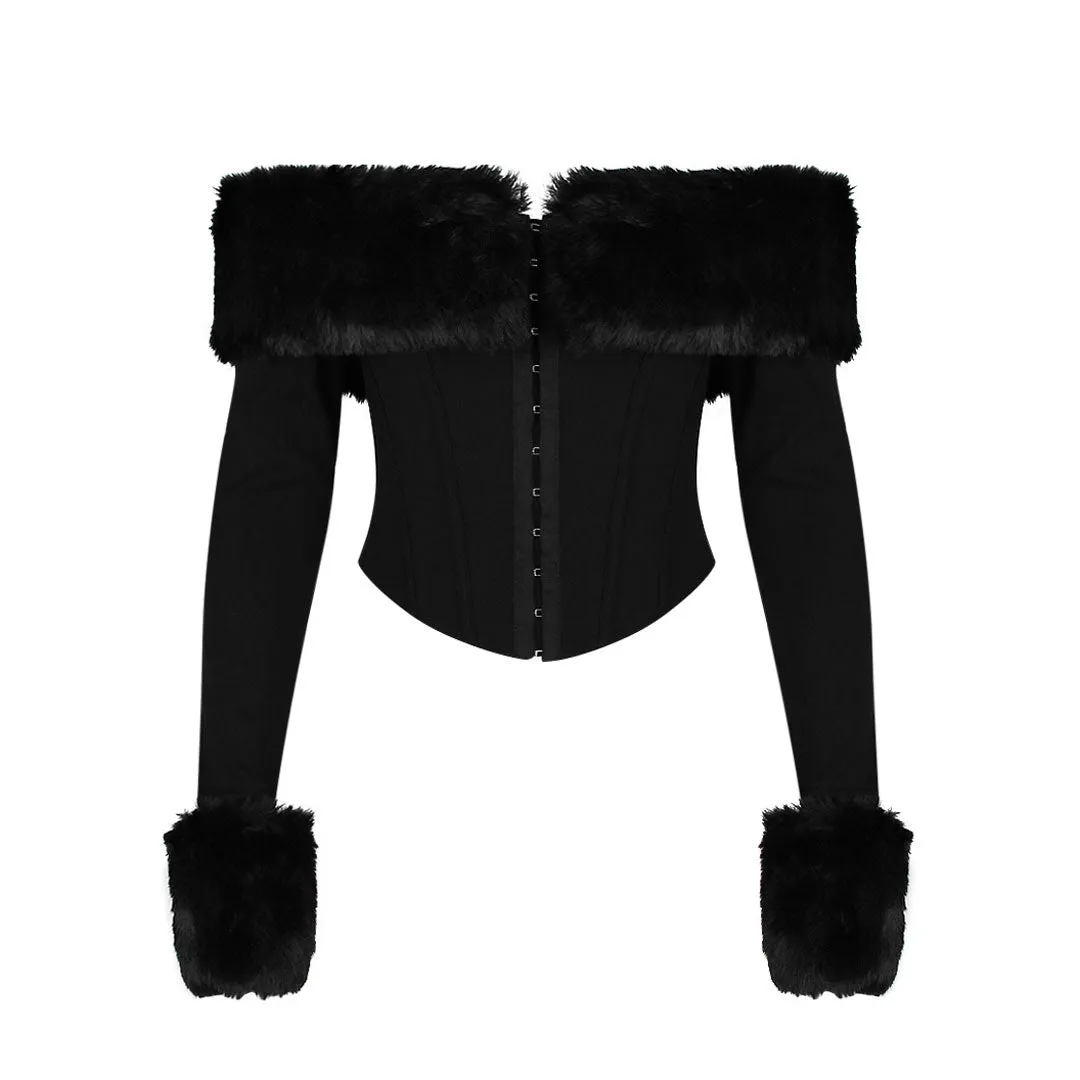 Sexy Off Shoulder Long Sleeve Hook & Eye Faux Fur Corset Crop Top