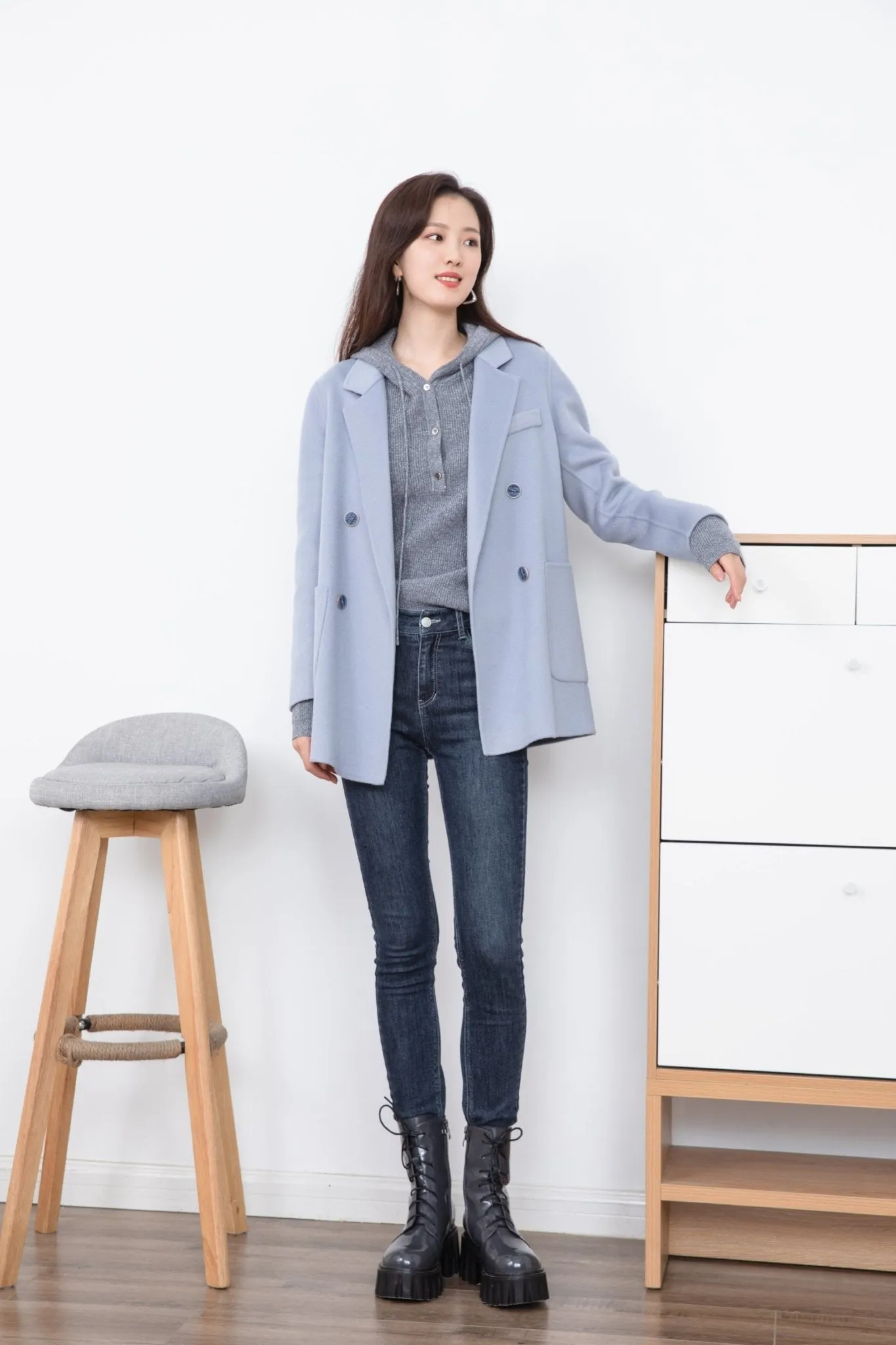 Shadow Blue Double-Breasted Wool Blazer