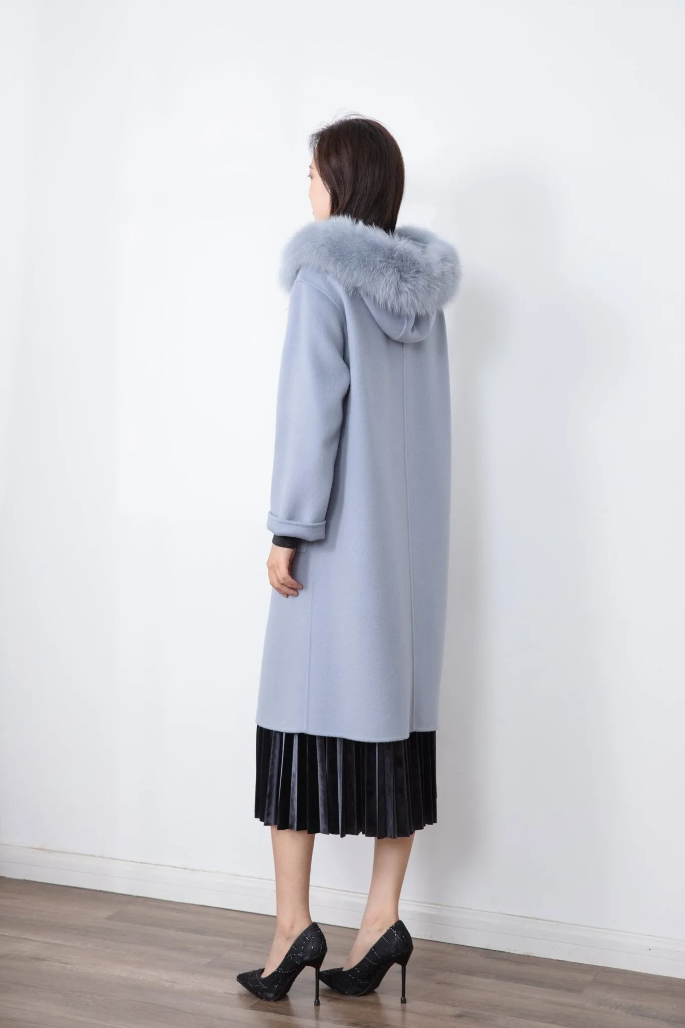 Shadow Blue Wool Overcoats with Fur Collar