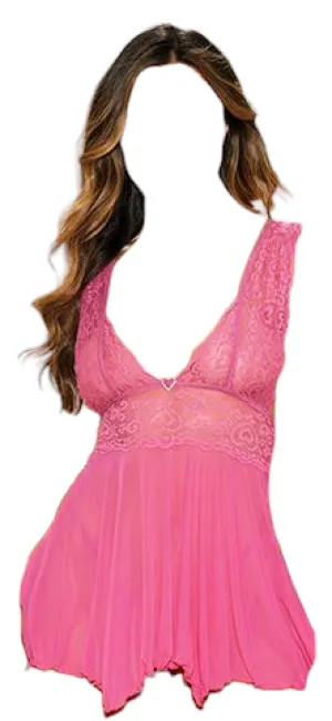 Shirley of Hollywood Valentine Heart Stretch Lace Babydoll & G-String Hot Pink