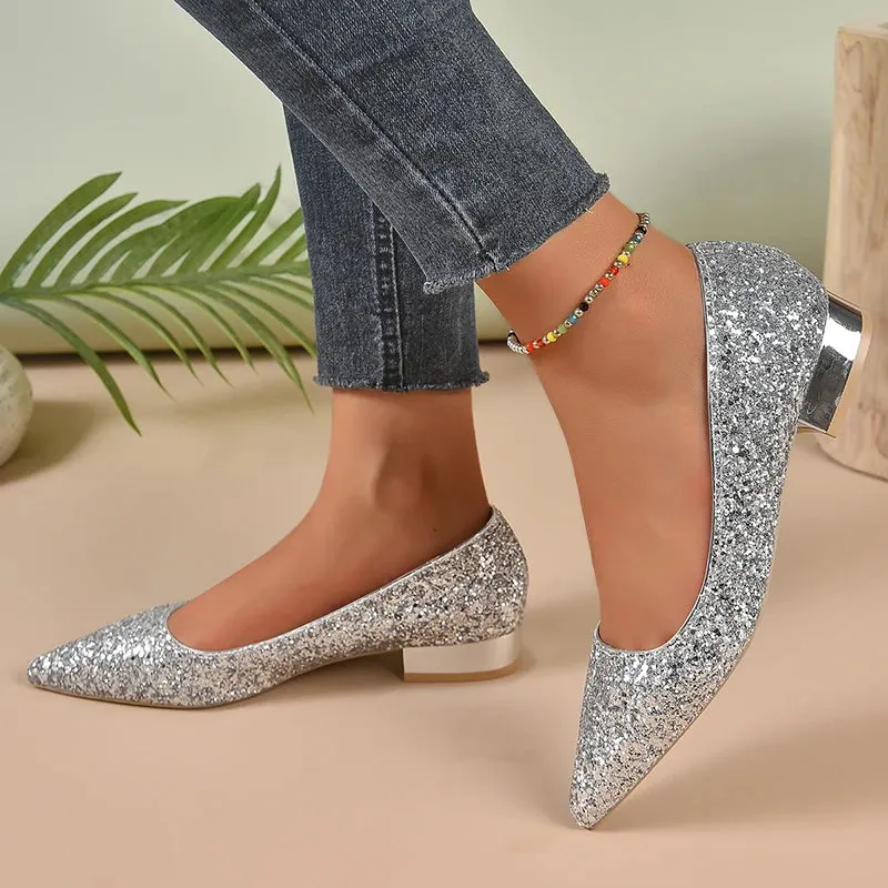 Silver Low Heels Pumps Women 2023 Autumn Shiny Sequins Pointed Toe Party Shoes Woman Plus Size Simple Thick Heeled Ladies Shoes