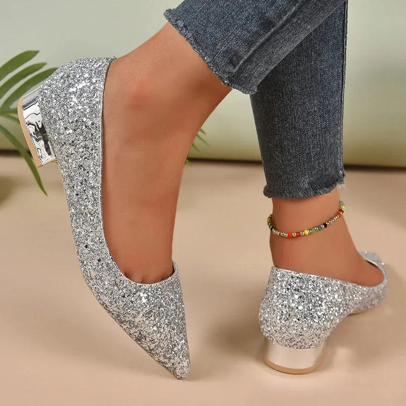 Silver Low Heels Pumps Women 2023 Autumn Shiny Sequins Pointed Toe Party Shoes Woman Plus Size Simple Thick Heeled Ladies Shoes