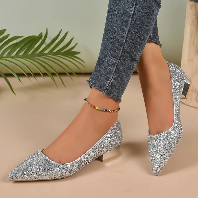 Silver Low Heels Pumps Women 2023 Autumn Shiny Sequins Pointed Toe Party Shoes Woman Plus Size Simple Thick Heeled Ladies Shoes