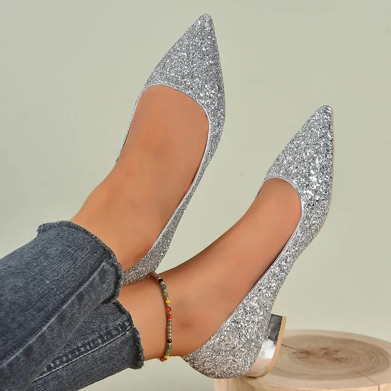 Silver Low Heels Pumps Women 2023 Autumn Shiny Sequins Pointed Toe Party Shoes Woman Plus Size Simple Thick Heeled Ladies Shoes