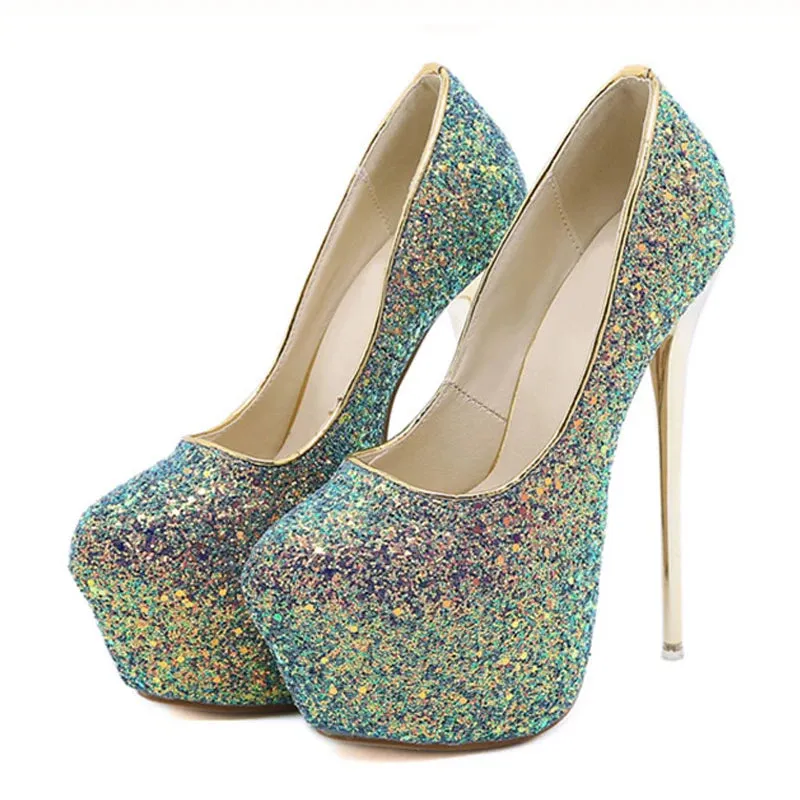 Size 44 45 Women Pumps Extrem Sexy High Heels Platform Fashion Bling Sequined Cloth Round Toe Ladies Wedding Shoes Bride