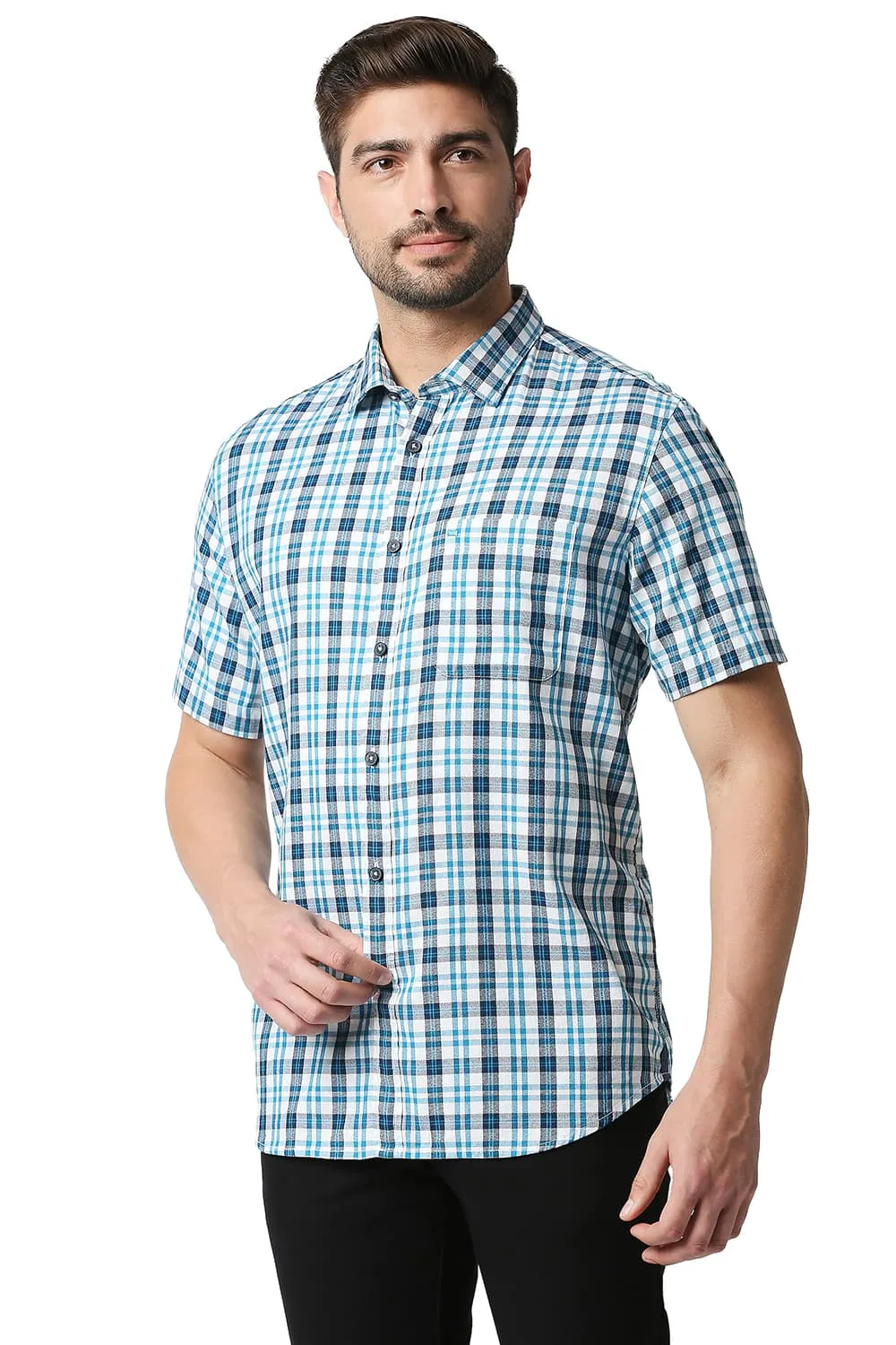 Slim Fit Crepe Checks Halfsleeves Shirt