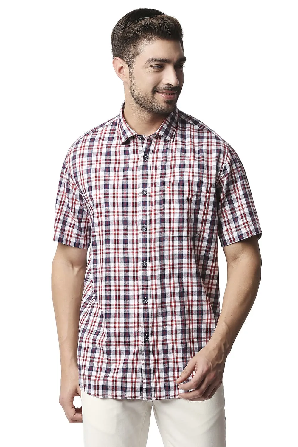 Slim Fit Crepe Checks Halfsleeves Shirt