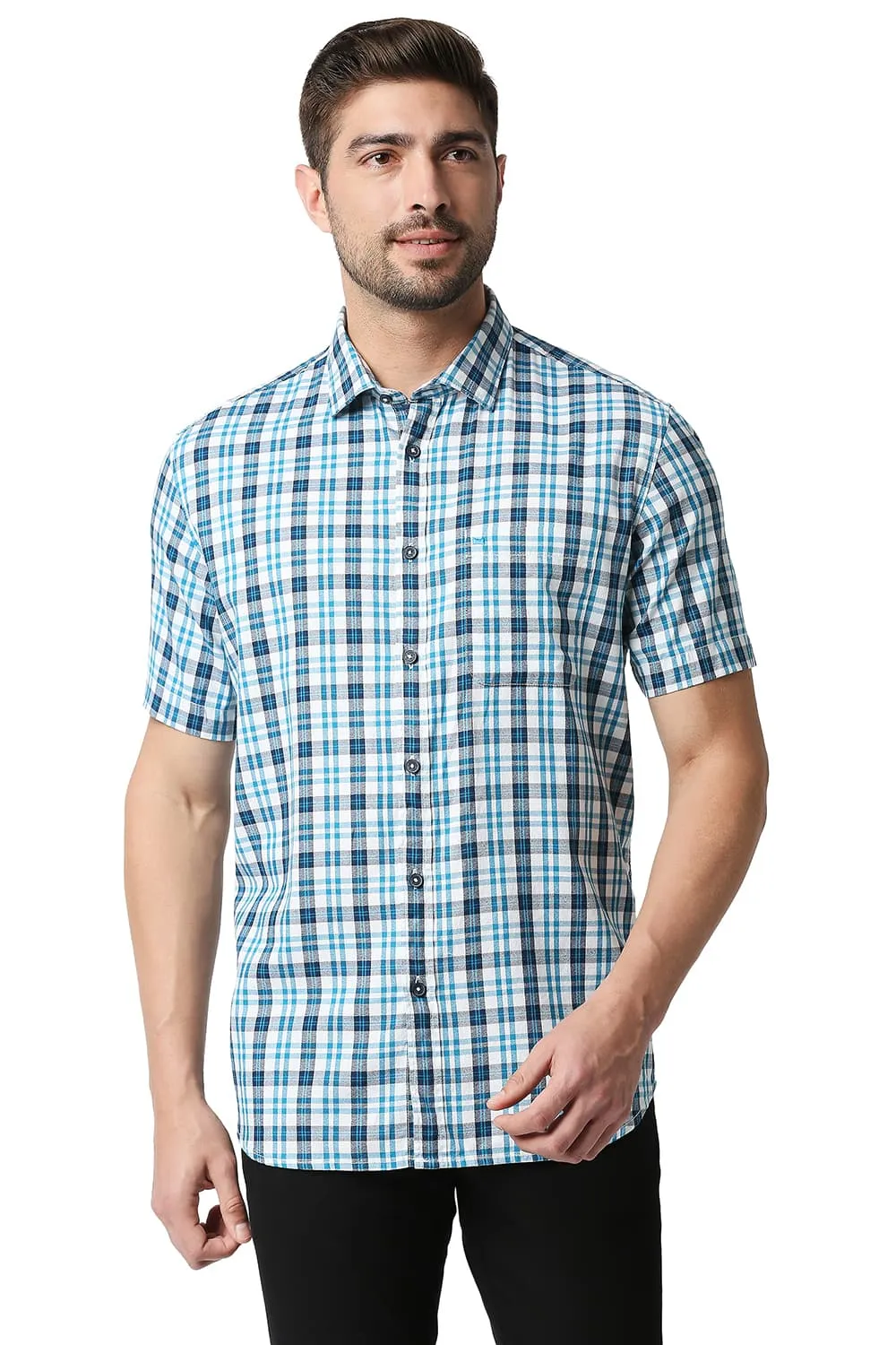 Slim Fit Crepe Checks Halfsleeves Shirt