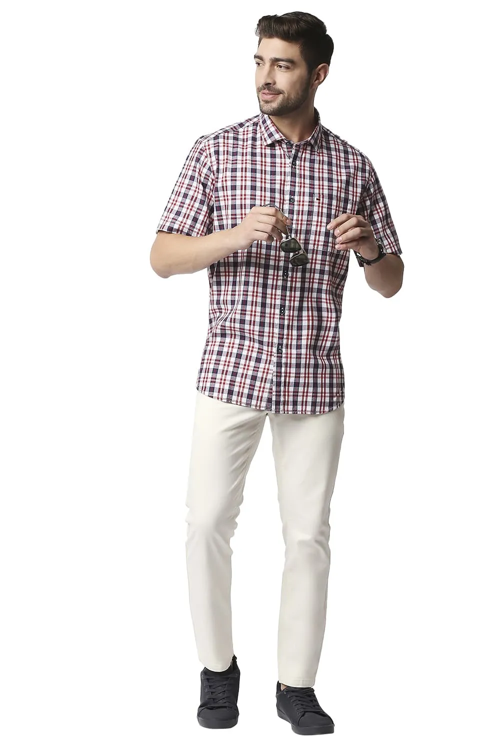 Slim Fit Crepe Checks Halfsleeves Shirt