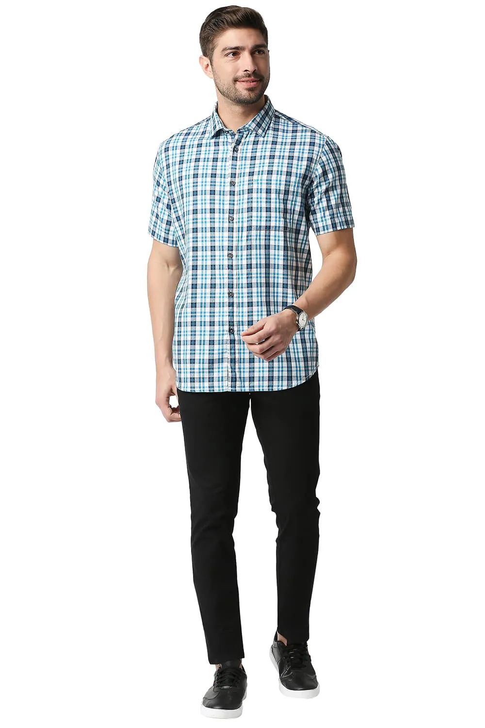 Slim Fit Crepe Checks Halfsleeves Shirt