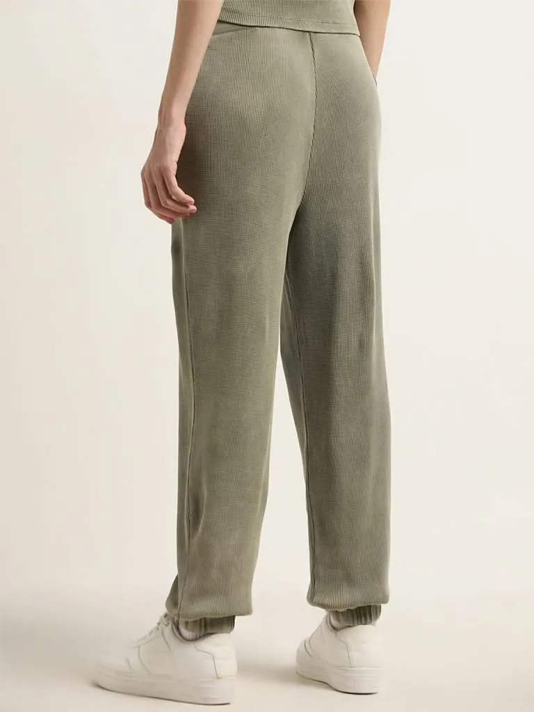 Studiofit Olive Waffle-Textured High-Rise Cotton Joggers