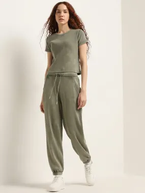 Studiofit Olive Waffle-Textured High-Rise Cotton Joggers