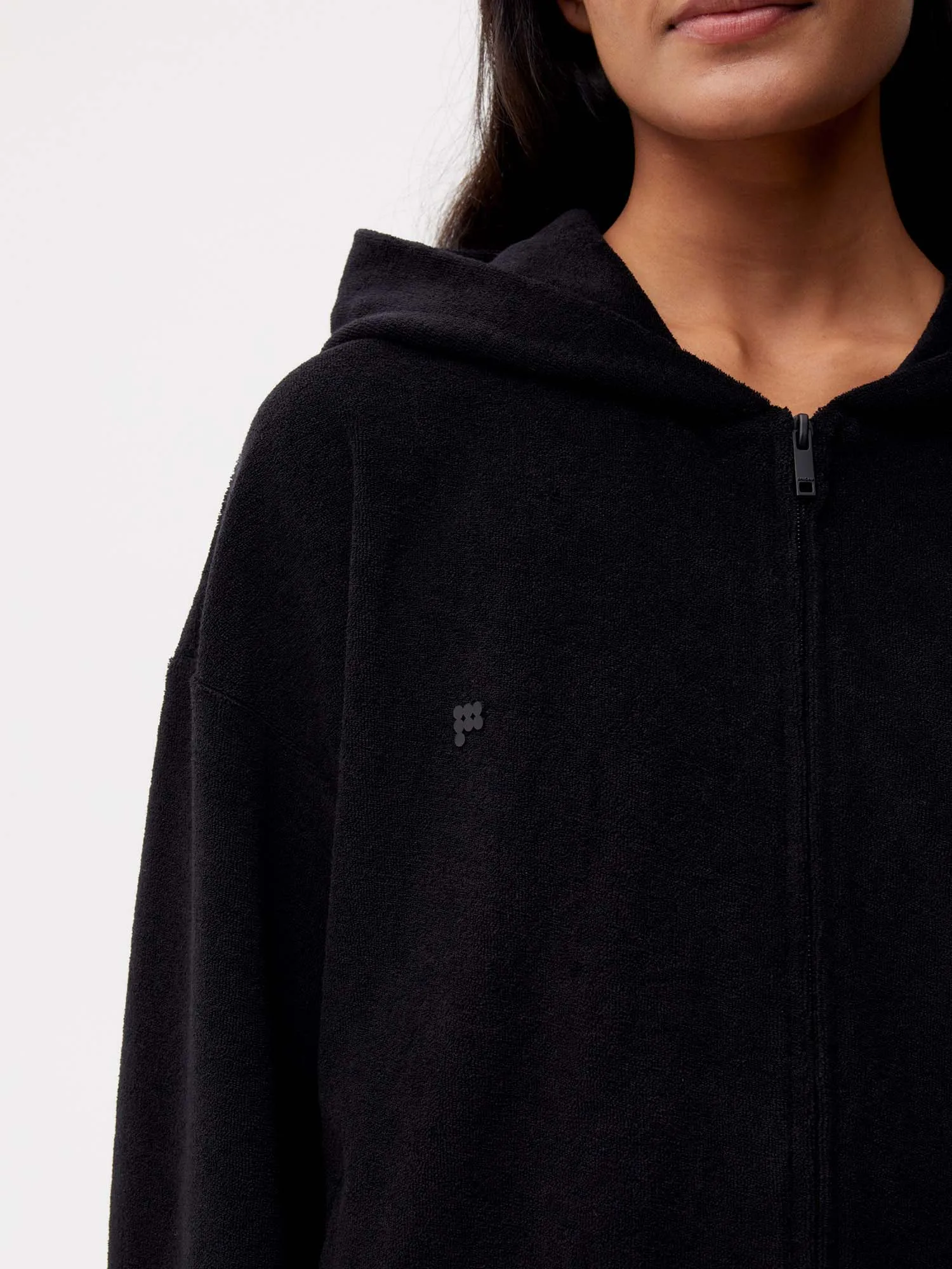 Towelling Zipped Hoodie—black