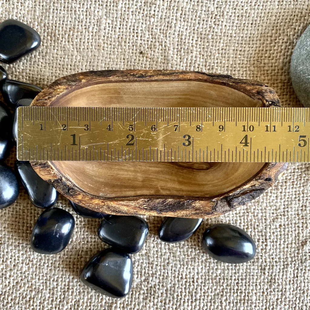 Tumbled Shungite Stones w/Tiger's Eye Heart in Olive Wood Bowl