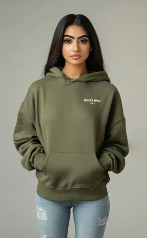 Unisex White Wolf Premium Fleece- Hoodie (Olive Green) Beige