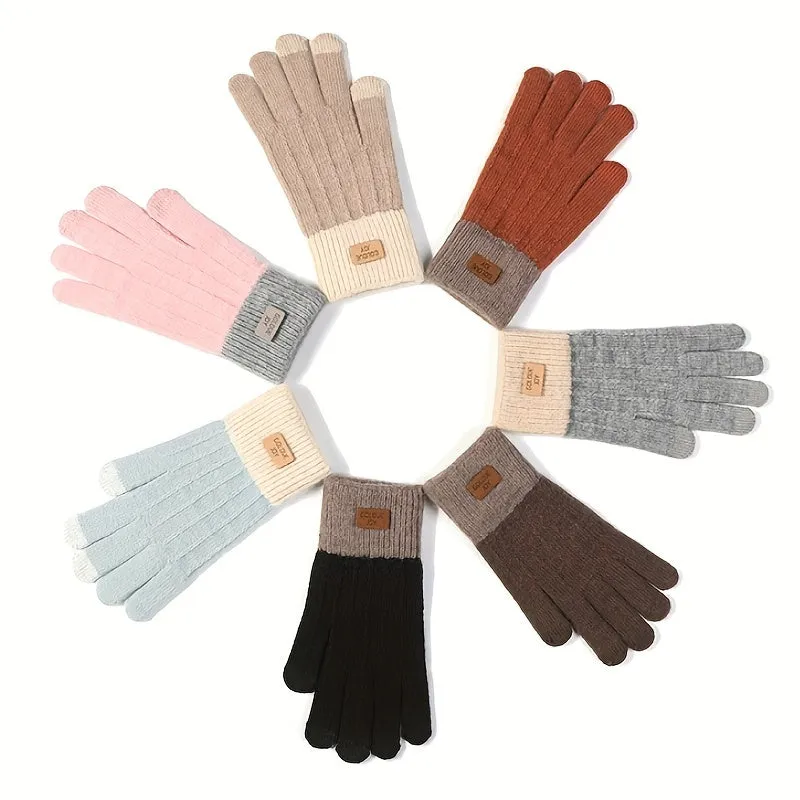 WarmthPlus Color Block Knitted Gloves - Soft, Thick, and Elastic Winter Gloves for Cold Weather - Premium Cotton, Coldproof, and Comfortable Fit for Women