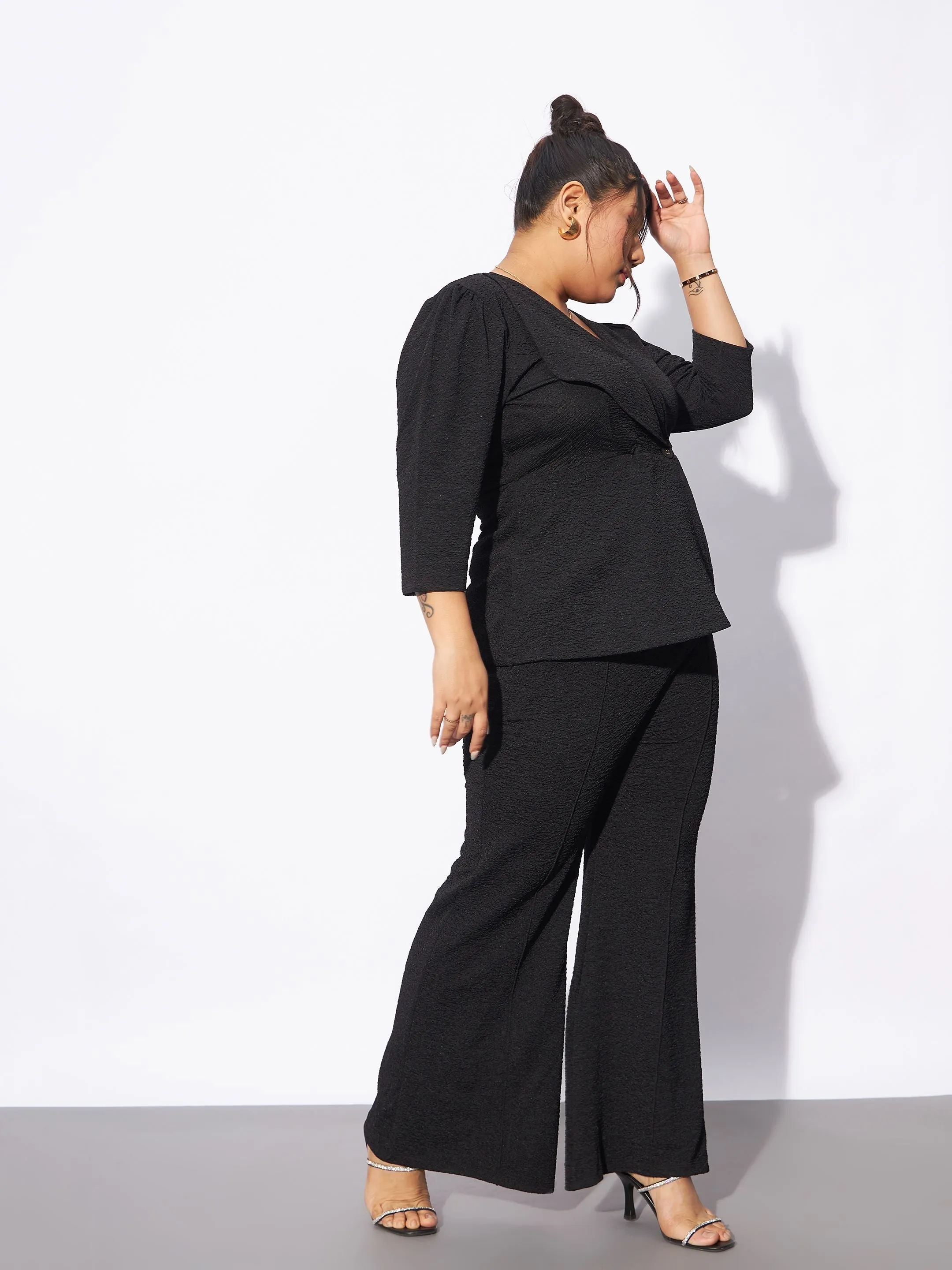 Women Black Wrap Top With Straight Pants