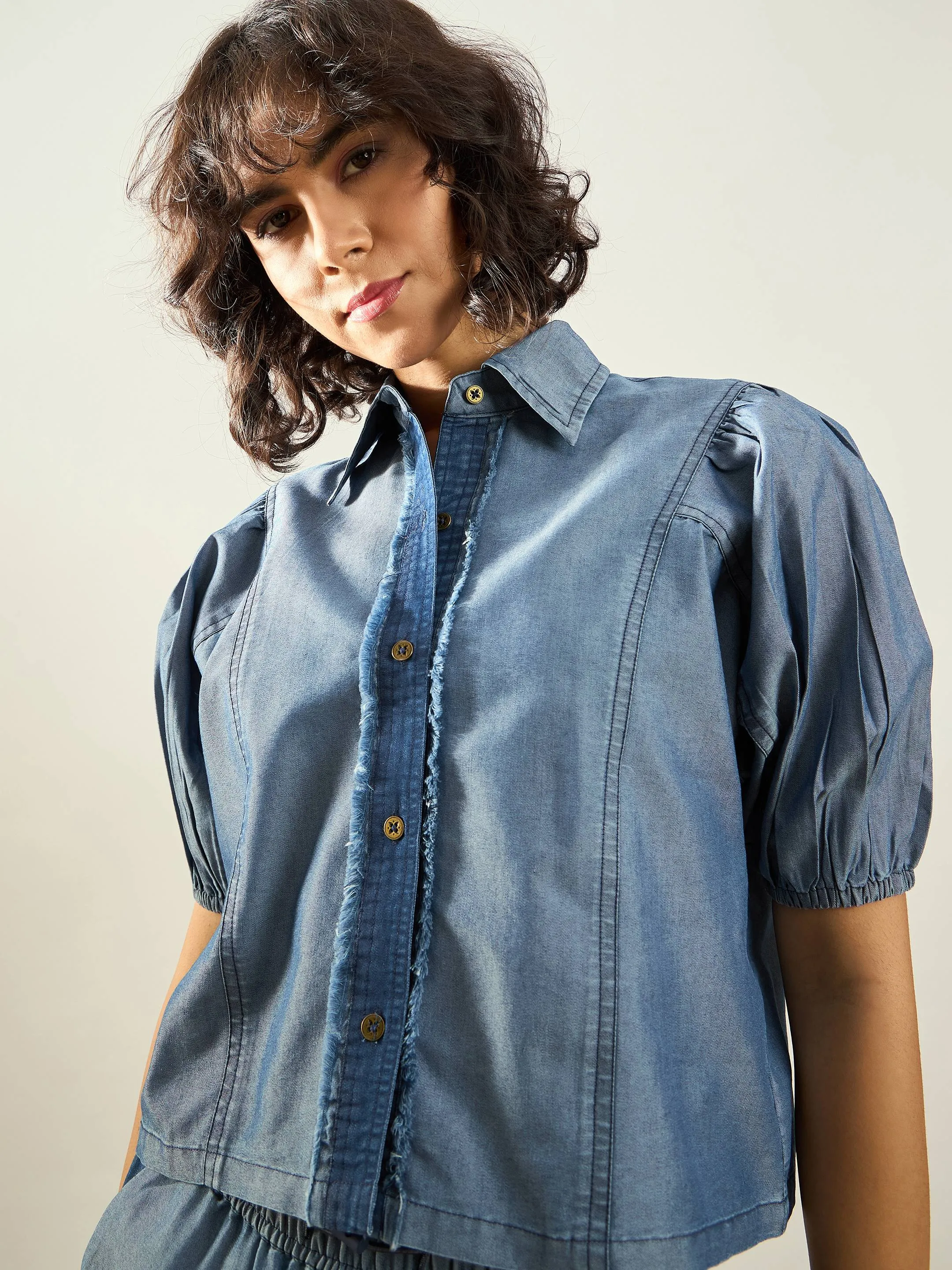 Women Blue Tencel ColorBlock Shirt With Straight Pants