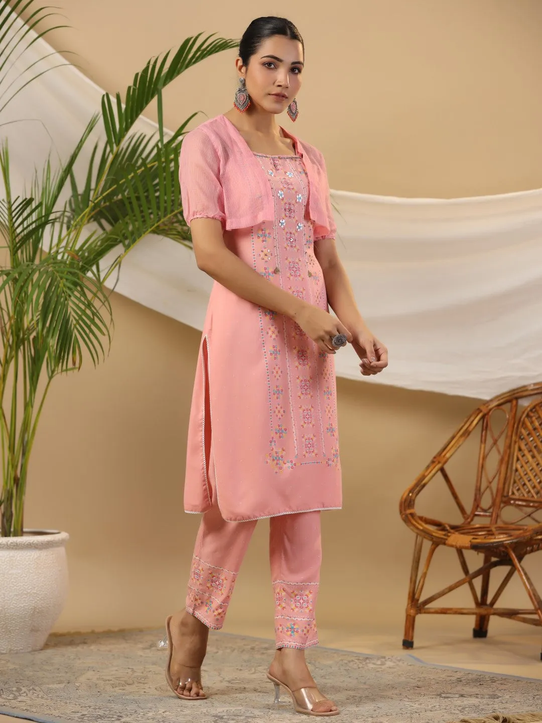 Women Peach Rayon  Kurta Set With Dupatta