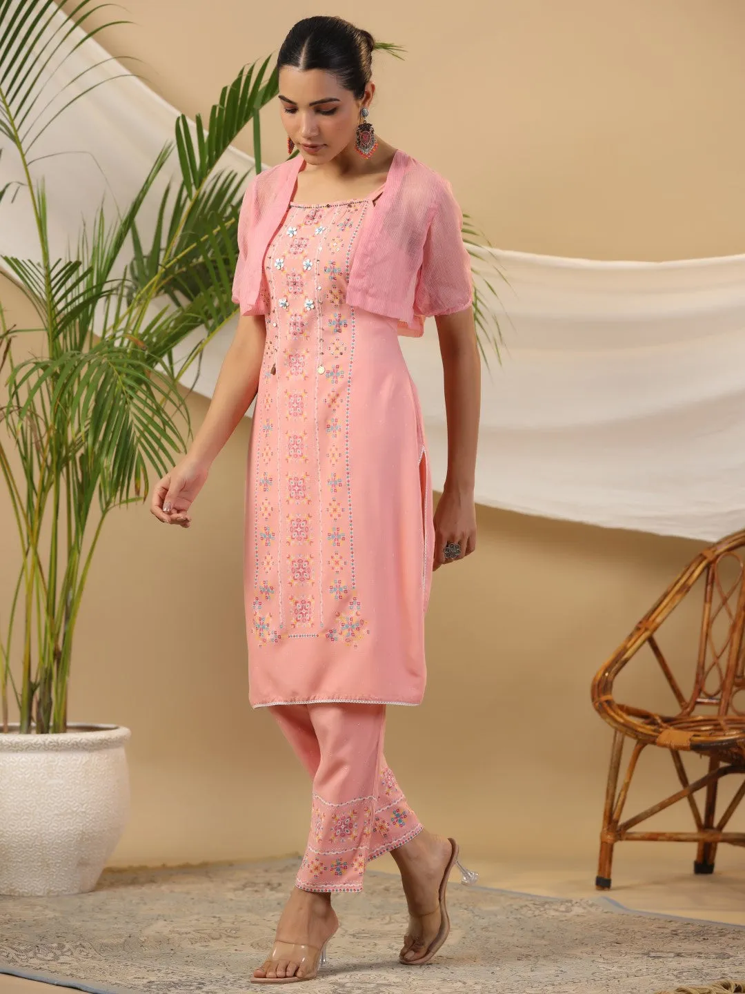 Women Peach Rayon  Kurta Set With Dupatta