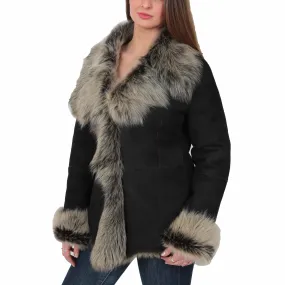 Womens Fitted Genuine Toscana Real Sheepskin Coat Pearl Black