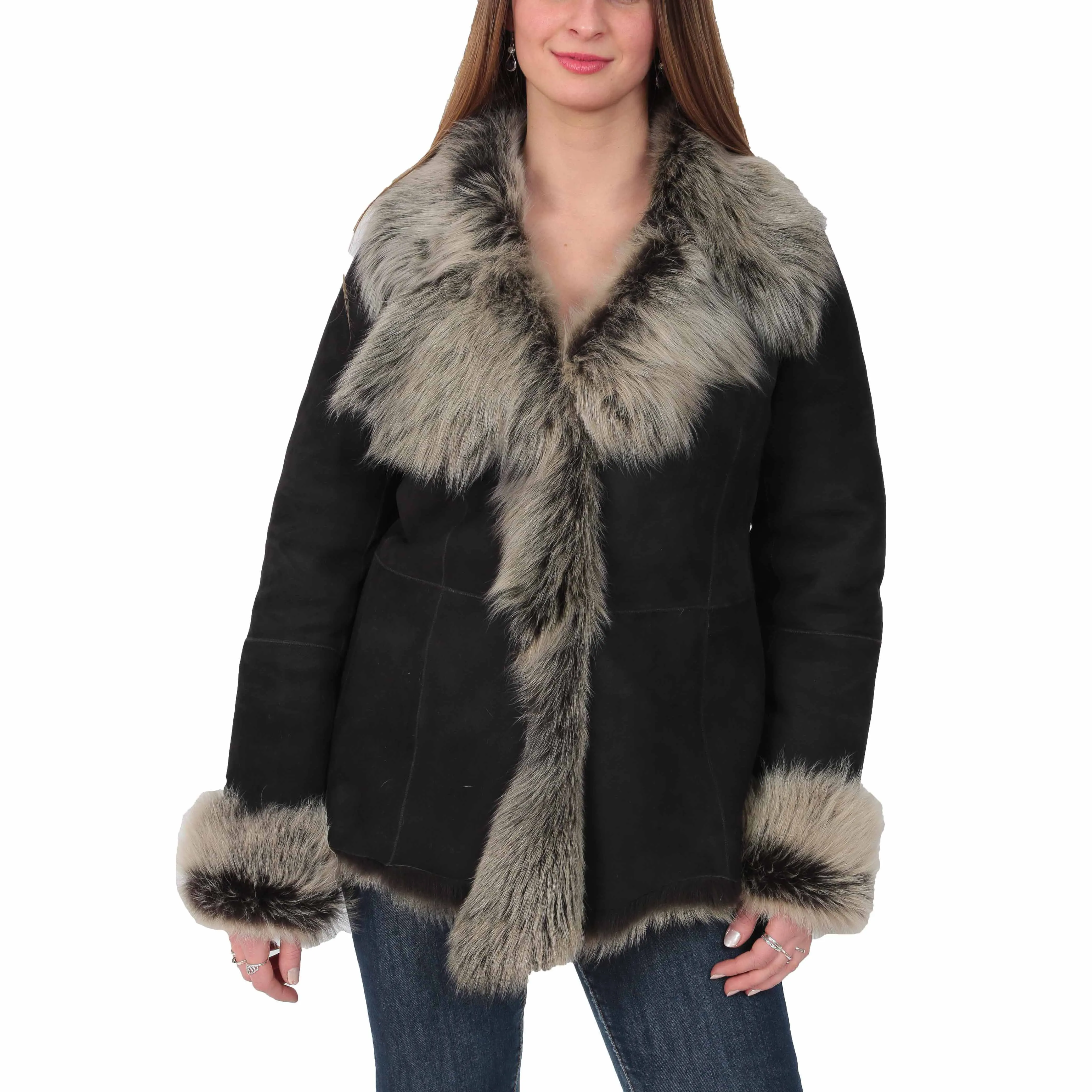 Womens Fitted Genuine Toscana Real Sheepskin Coat Pearl Black