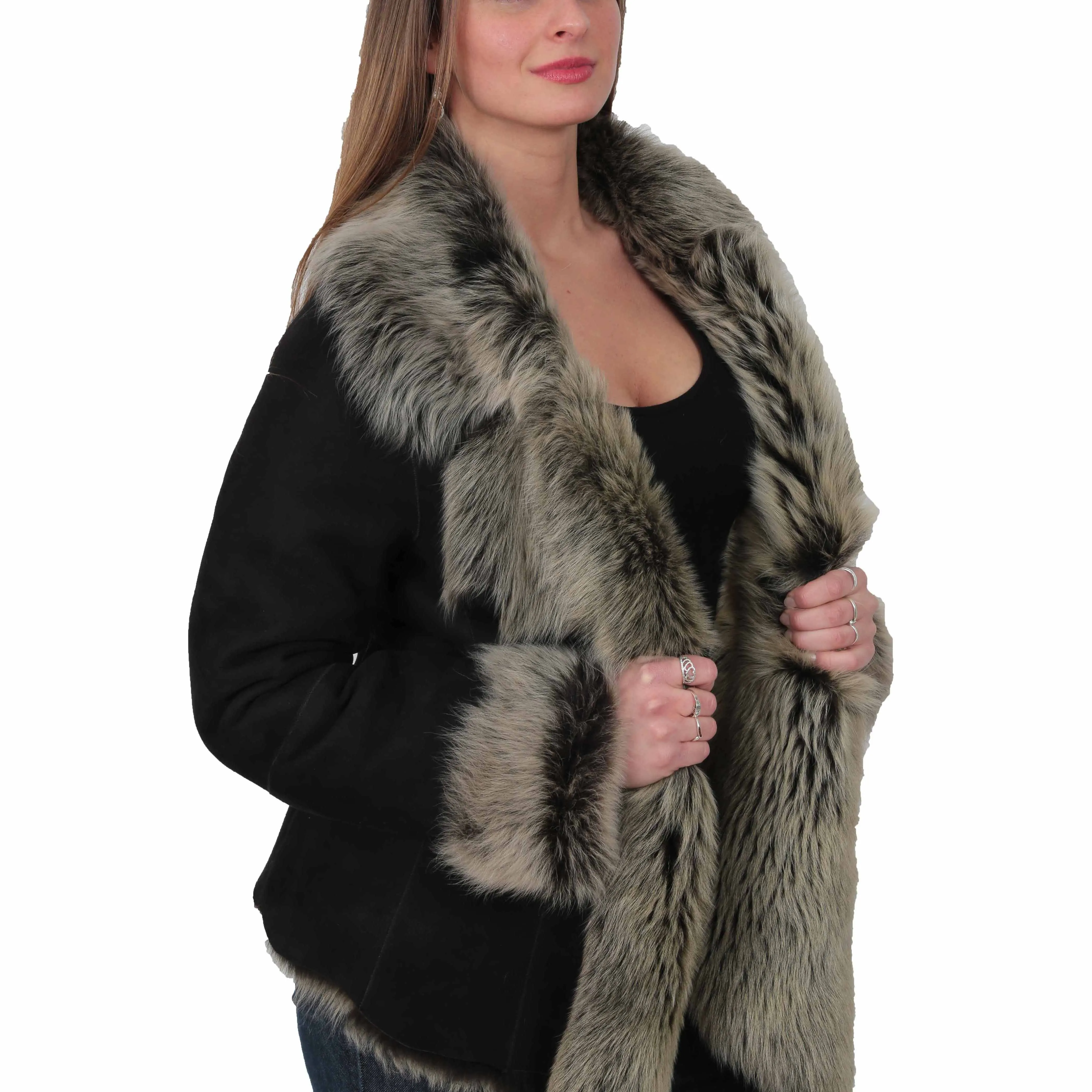 Womens Fitted Genuine Toscana Real Sheepskin Coat Pearl Black