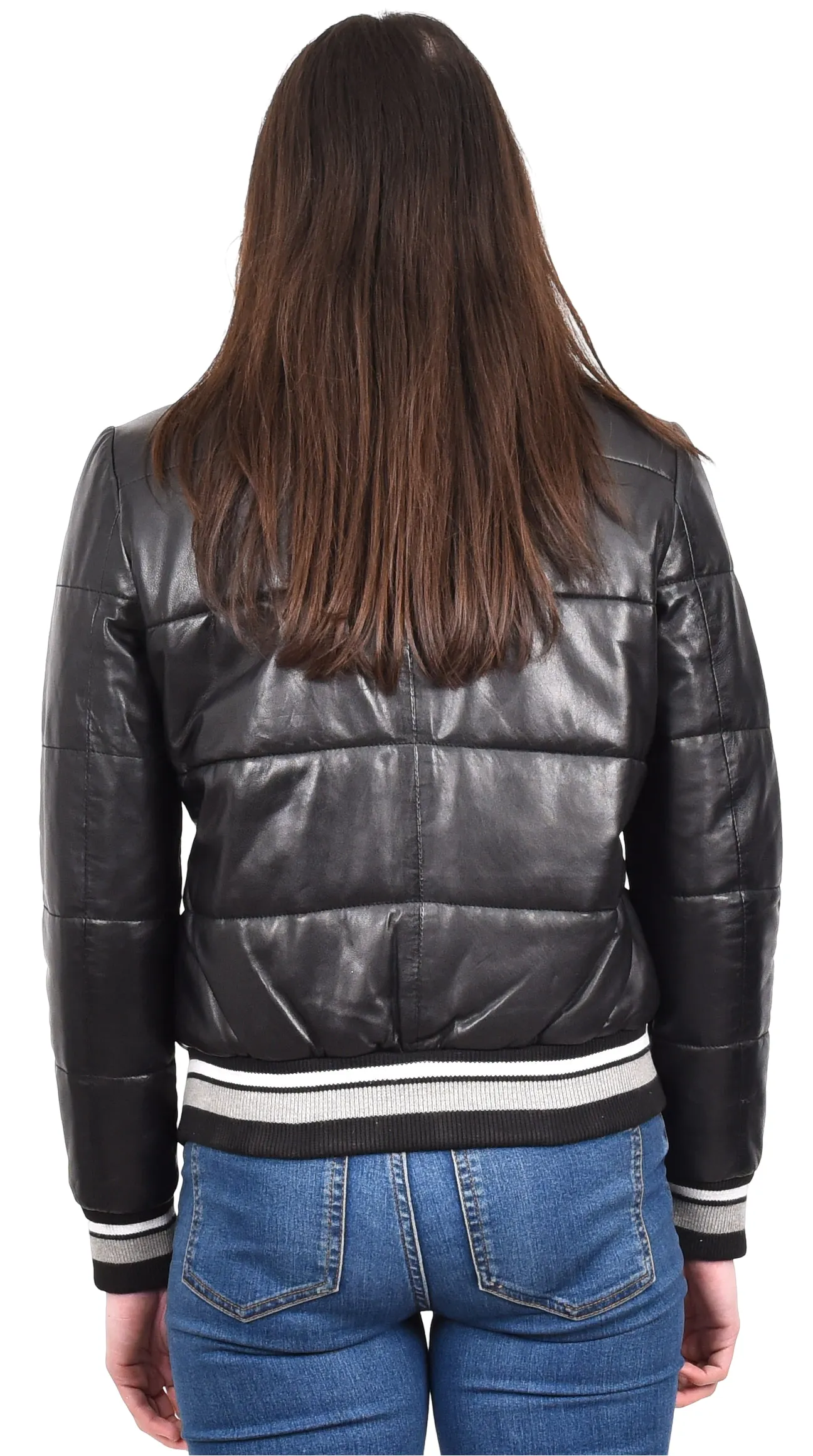 Womens Puffer Black Leather Jacket Soft Padded Bomber Yara