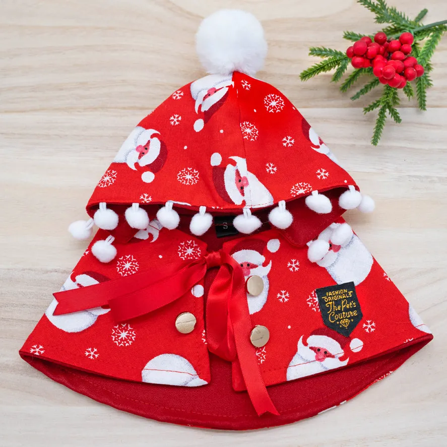 Xmas Hoodie Cape - Merry Santa on Red  Hoodie with White Pom Pom Trimmings