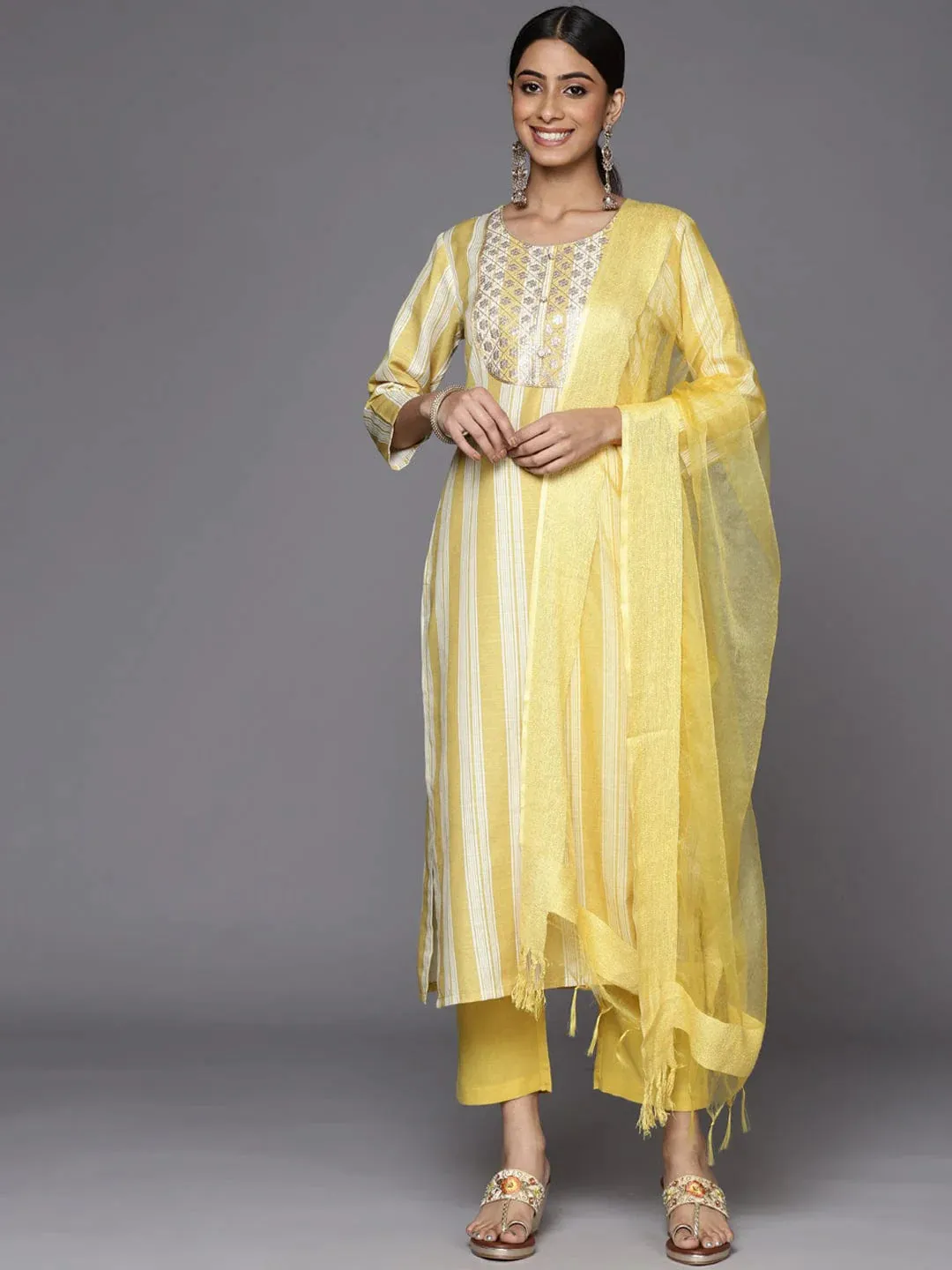 Yellow Silk Blend Striped & Sequined Detailing Suit Set with Organza Dupatta