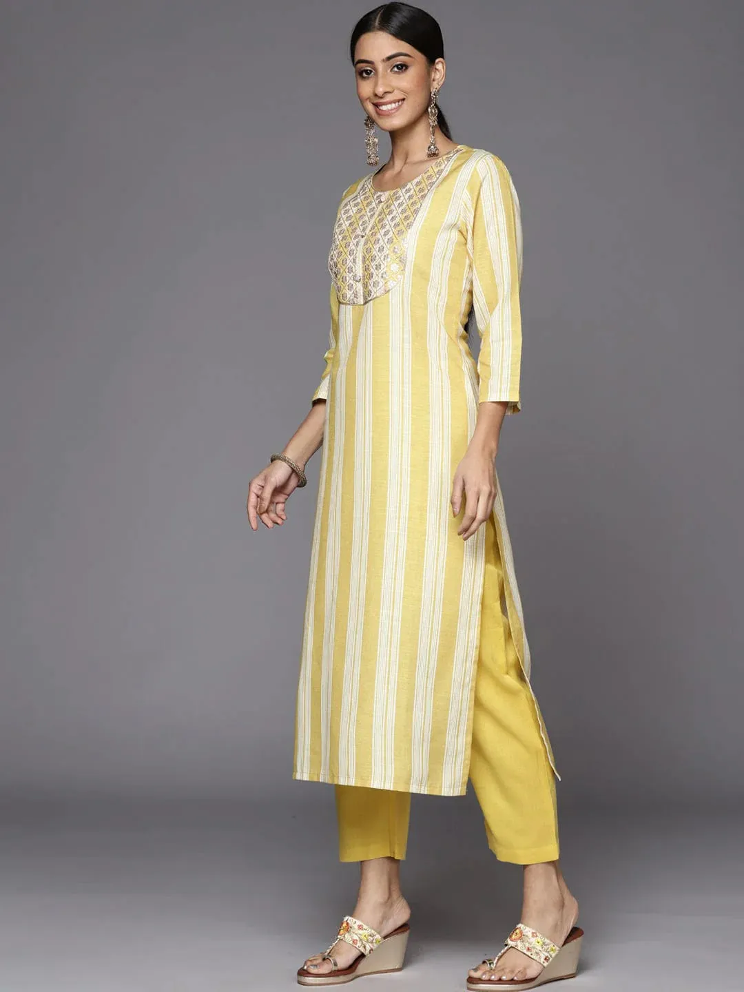 Yellow Silk Blend Striped & Sequined Detailing Suit Set with Organza Dupatta