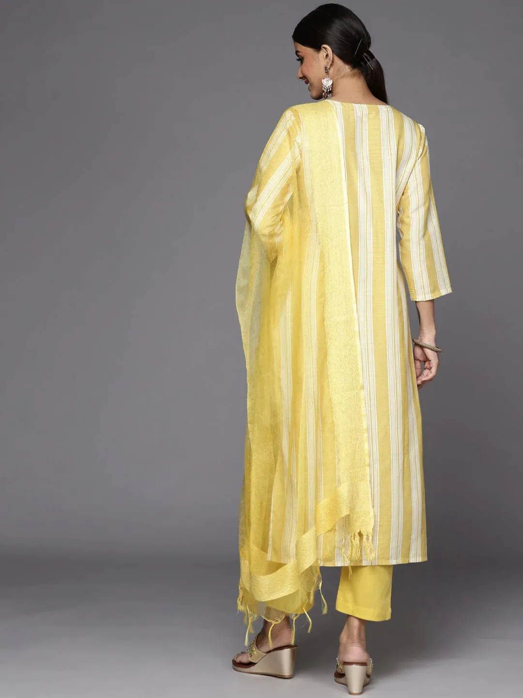 Yellow Silk Blend Striped & Sequined Detailing Suit Set with Organza Dupatta